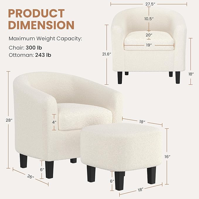 Yaheetech Accent Chair and Ottoman Set, Mid Century Boucle Fabric Barrel Chair and Comfy Fabric Footrest for Living Room/Bedroom/Reading Room, Ivory, 2 PCS