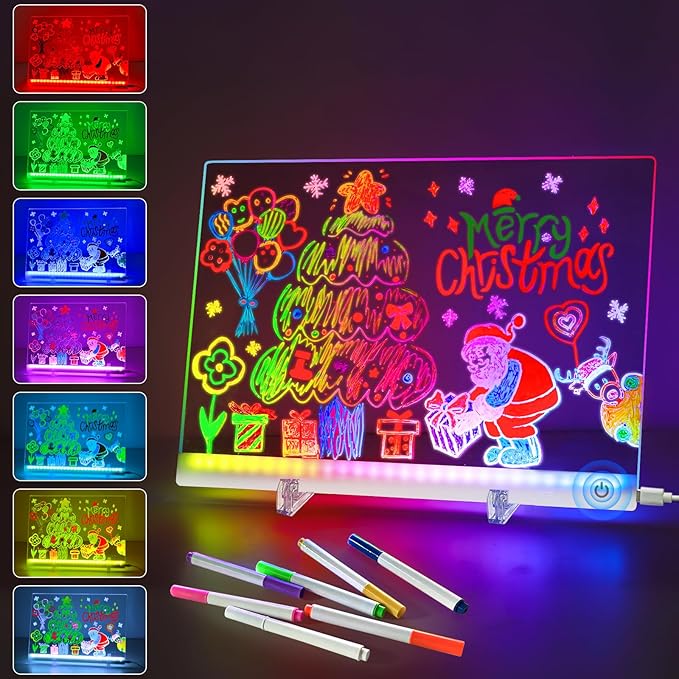 Acrylic Dry Erase Board with Light, 13.7"x10" 7 Color Changing Touch LED Note Board with 4 Modes & 7 Markers, Light Up Message Board Desktop Memo Board, LED Drawing Board for Kids Girls Boys (Touch)