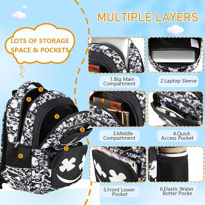 Boys Backpack with Lunch Box Glow in Dark Kids Ages 4-12 Kindergarten Elementary Middle School Teens Bookbag Mochilas Para Niños, Luminous Face Black White