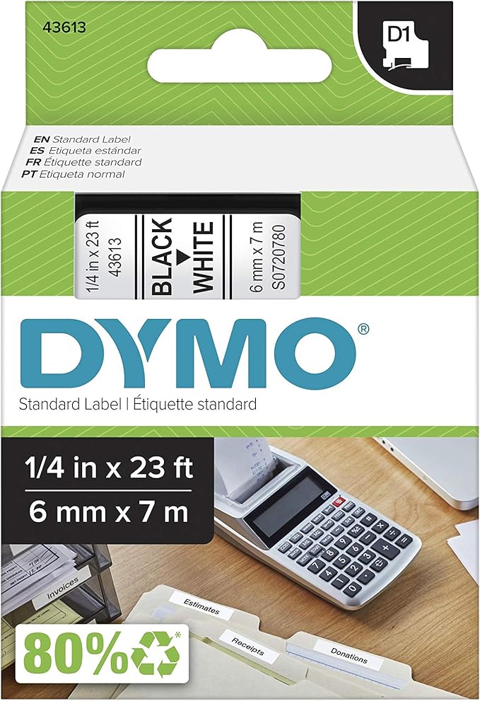DYMO Standard D1 43613 Labels for LabelManager Label Makers, 1/4" W x 23' L, Black Print on White Tape, Self-Adhesive, 1 Cartridge