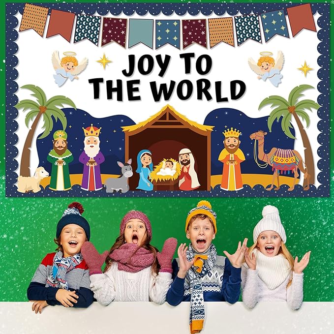 Christmas Nativity Scene Bulletin Board Set Christian Jesus Birth Classroom Decoration Joy to The World Bulletin Board Religious Paper Cutouts for Sunday School Classroom Church Chalkboard Wall Decor