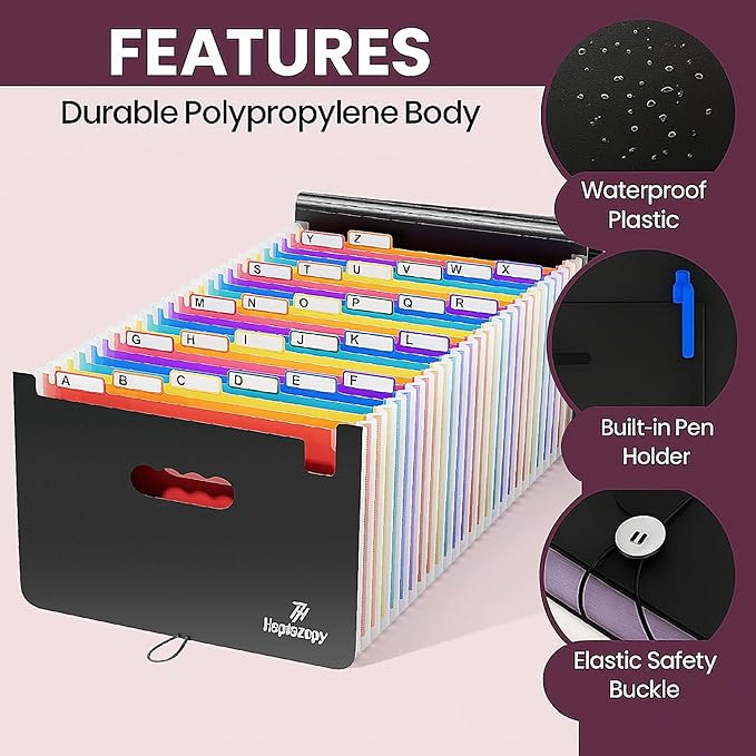 Plastic Accordion File Organizer, 26 Pockets Expandable File Folder Organizer, A4 Letter Size Filing Organizer with Colorful Tabs, Elastic Cord, 60 Paper Clip, Label & Stickers for Office School Home