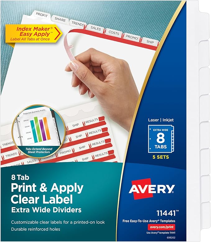 Avery 8-Tab Extra Wide Binder Dividers, Easy Print & Apply Clear Label Strip, Index Maker,White, 5 Sets (11441)