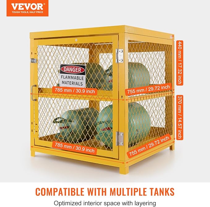 VEVOR Horizontal Cylinder Storage Cabinet, 4 x 33 lbs Cylinder Capacity, 31.02x30.04x35 inch Propane Storage Cage, Gas Cylinder Cabinet, Yellow Powder Coat Finish, for Freon, Gases, Oxygen, Nitrogen