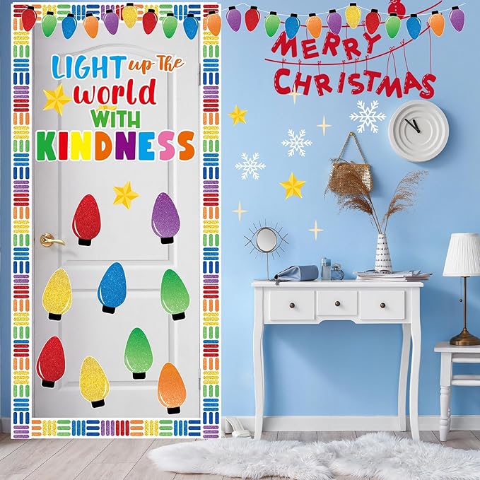 Christmas Light Bulbs Bulletin Board Decoration Set Xmas Kindness Bulletin Board Set Winter Colorful Bright Bulb Paper Cutouts for Classroom School Home Chalkboard Wall Holiday Party Decor Supplies