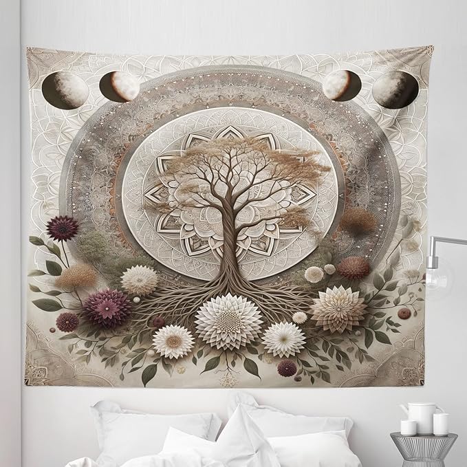 Ambesonne Moon Tapestry King Size, Ethno Mandal Featuring Gentle Vines of Tree of Life and Flowers Boho Luna, Wall Hanging Bedspread Bed Cover Wall Decor, 104" X 88", Pale Mustard Eggplant