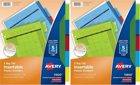 Avery Dividers for 3 Ring Binders, 5-Tab Binder Dividers, Plastic Binder Dividers, Insertable Big Tabs, Multicolor, 1 Set (11900) (Pack of 2)