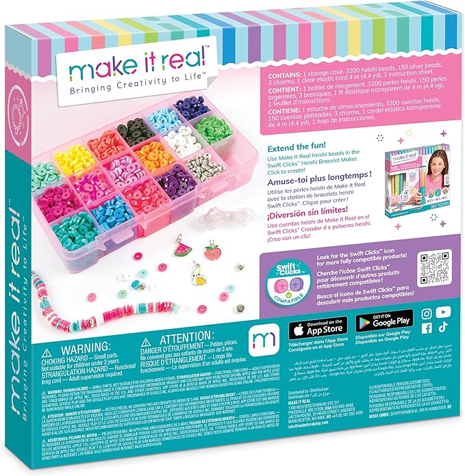 Make It Real Heishi Bead Kit - Vibrant Colors - Creative Beading Set for Kids Compatible with Bracelet Maker - Organize with Storage Case