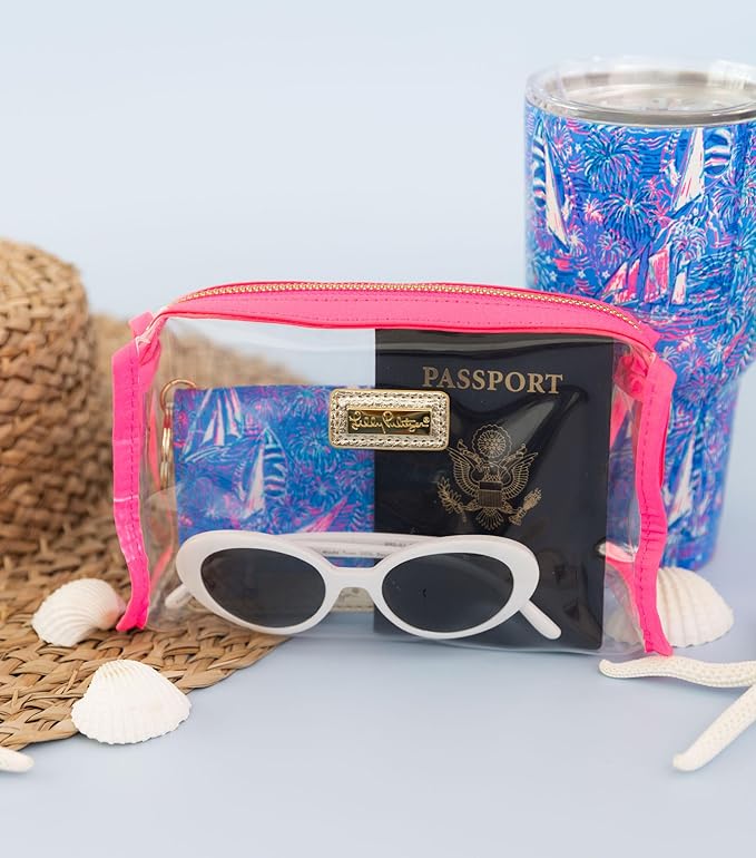 Lilly Pulitzer Clear Zipper Pouch, Cute Pencil Case for Adults, Travel Toiletry Bag, Small Pouch Bag for Supplies, Makeup or Toiletries (Aura Pink)