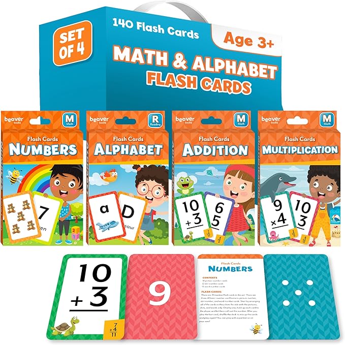 Head Start Flash Cards Set for Preschool Learning Activities, 140 Toddler Flashcards, Math Games for Kids - Numbers, Addition, Multiplication, and Alphabet Flash Cards, Ages 3+
