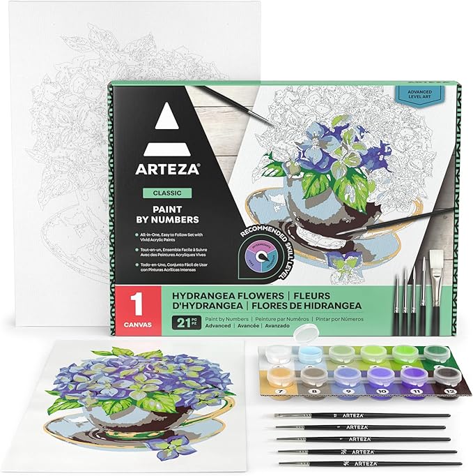 ARTEZA Paint by Number for Adults, 12x16 Inches, 21 Pieces, Hydrangea Flowers Paint by Numbers Kit, 1 Canvas Panel, 12 Acrylic Paint Pots, 5 Paintbrushes, Art Supplies for Home & Office Decor