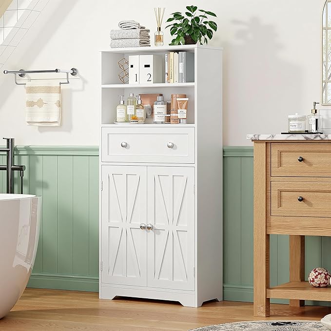 VECELO Bathroom Floor Storage Cabinet with Drawer, Freestanding Storage Unit with Adjustable Shelves, Open Compartments, for Bathroom, Living Room, Kitchen, White