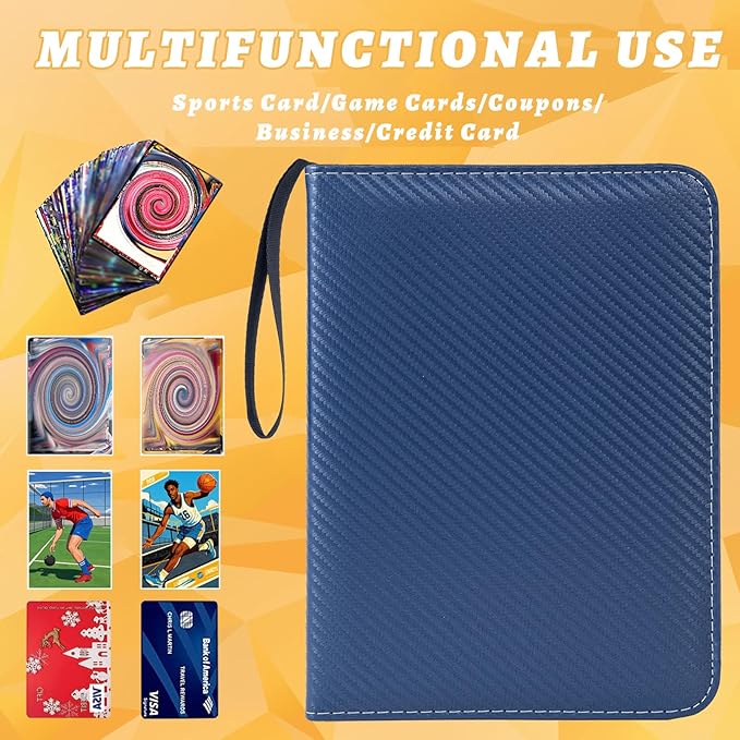 Card Binder 4 Pocket with 50 Removable Sleeves-Can Hold 400 Cards,3-Ring Zipper Sports Book is Gifts for Boys and Girls(Blue)