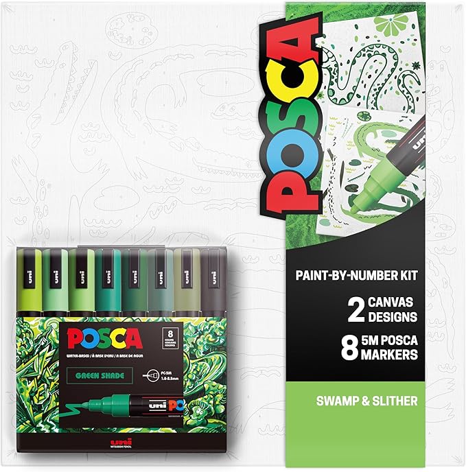 POSCA Canvas Paint by Number Kit, Swamp & Slither - 8 Markers with 2 Pre-Drawn Canvases - For All Artists and Holiday Gifting