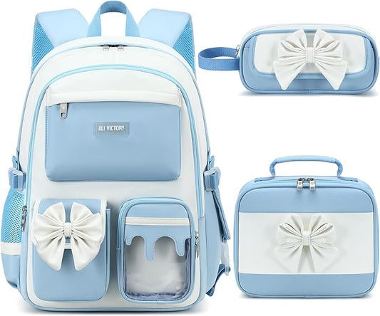 School Backpack for Girls 3PCS Nylon Kids Backpack Set with Lunch Box & Pencil Pouch, Cute Lightweight Teen Girls School Bag Laptop Bag Travel Daypack for Elementary Middle High School Beige Blue