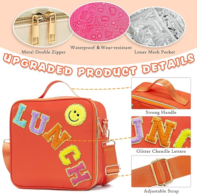 Insulated Lunch Bag Women Lunch Box Kids for Teen Girls Boys, Cute Preppy Lunch Boxes With Adjustable Shoulder Strap, Waterproof Nylon Lunchbox Lunch Bags for School Work Picnic (Orange)