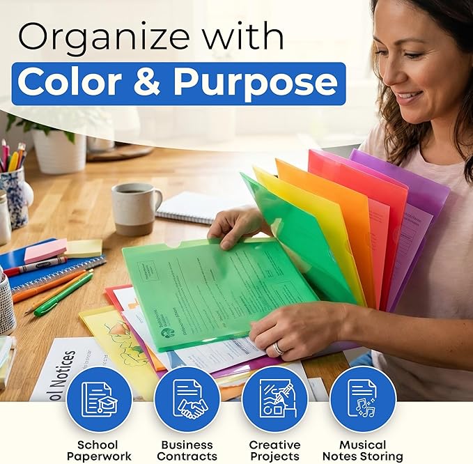 Dunwell Clear Plastic Folders for Documents (6 Pack, Assorted Colors) - Letter Size Plastic File Folder Sleeves 8.5x11 - Durable & Tear-Resistant Poly Document Folder Jackets for School, Office & Home