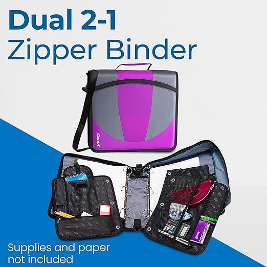 Case-it The Dual 2-in-1 Zipper Binder | Two 1.5-Inch D-Rings, 600 Sheet Capacity, Pencil Pouch & Multiple Pockets | School & Office Organizer with Shoulder Strap | Dual-101 Deep Purple | 6 Pack