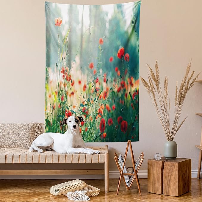Ambesonne Nature Tapestry, Wild Red Poppy Flowers Field Summertime Sunbeams Gardening Bedding Plants, Fabric Wall Hanging Decor for Bedroom Living Room Dorm, 23" X 28", Red Green Yellow