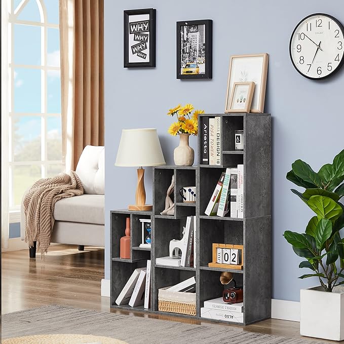 VECELO Small Bookshelf, 4 Cube Slim Bookcase, Fits Tallest Hardcovers, Horizontal Available, Modern Floor Standing Unit, Each Shelf Hold Up to 66 LBS,Gray