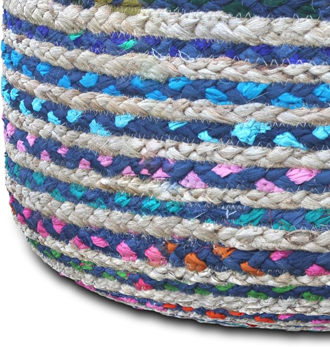 SIMPLIHOME Margo Round Pouf - 20 inch Wide Handwoven Jute and Cotton Braided Ottoman in Blue, Boho-Style Footstool or Extra Seating for Living Room or Bedroom with Polystyrene Bead Filling, Assembled