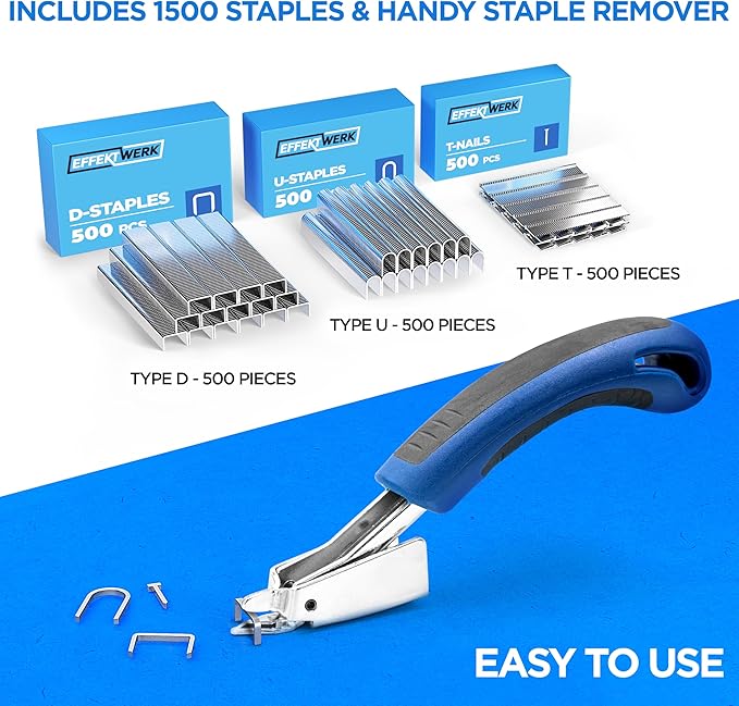 E•Werk - 5-in-1 Staple Gun Set - Heavy-Duty Stapler w/ 1500 Staples & Staple Remover for Wood, Fabric, Carpet & Wire Mesh - Hand Tacker w/Power Adjustment for Construction, Crafts & Upholstery Work