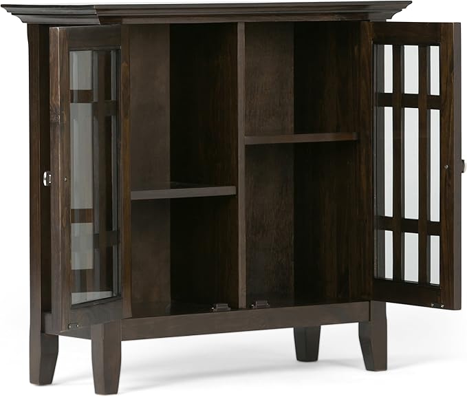 SIMPLIHOME Bedford Storage Cabinet - 32 inch Wide Solid Wood Low Media Cabinet in Dark Tobacco Brown, Transitional Console for Living Room, Entryway, or Dining Room with Glass Doors and Shelves