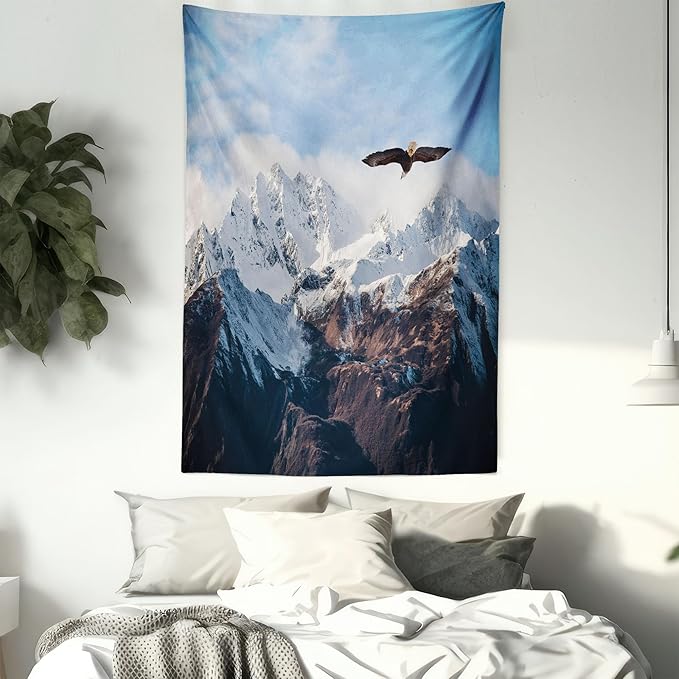 Ambesonne Mountain Tapestry, Frozen Peaks Tops of the Mountain with a Flying Eagle Free in Nature Photo, Fabric Wall Hanging Decor for Bedroom Living Room Dorm, 30" X 45", Brown White Blue