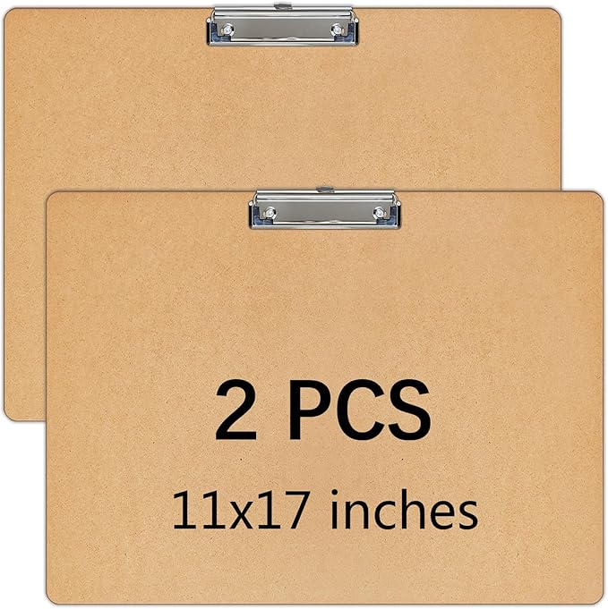 2 PCS Extra Large 11x17 Clipboard, Wood Cleats with Low Profile Clips for Drawing, Sketching, and Art Boards, Horizontal Wood Lapping, Landscape Layout (3Mm Thickness) (2Pack11x17 Clipboard)
