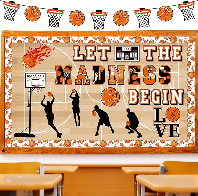 gisgfim Basketball Bulletin Board Decoration Set with Background Paper & Borders Cutouts Let The Madness Basketball Sport Bulletin Board Decor for Classroom School Game Craft Supplies(Basketball)