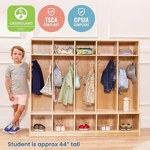ECR4Kids 5-Section Coat Locker with Bench and Cubby Storage, Classroom Furniture, Natural