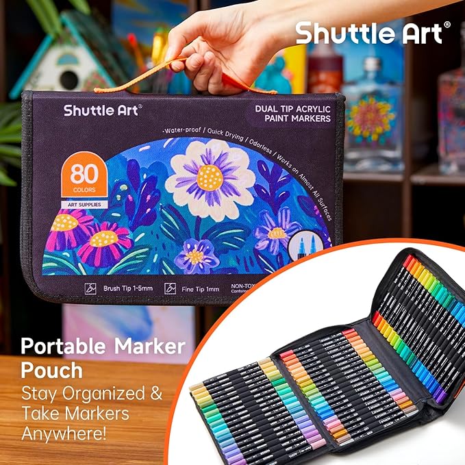 Shuttle Art 80 Colors Dual Tip Acrylic Paint Markers, Brush Tip and Fine Tip Acrylic Paint Pens for Rock, Ceramic, Wood, Canvas, Plastic, Glass, Stone, Calligraphy, Card Making, Crafts & Nail Art