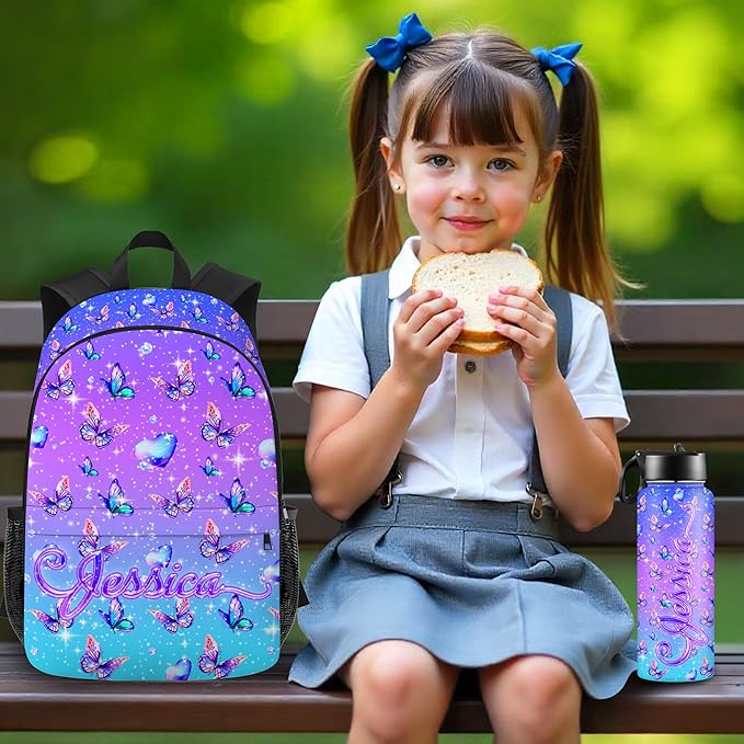 Custom Kids Backpack with Lunch Box Personalized Name Bookbag for Girls Back to School Purple Backpacks for Elementary Middle School Boys