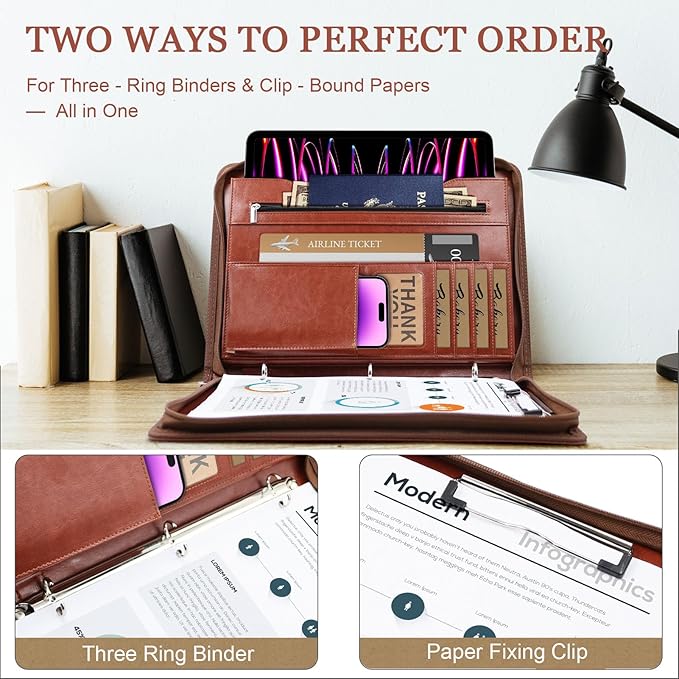 Faux Leather Portfolio Binder with Handle & Clipboard, Zippered Padfolio Folder Organizer 3 Ring Binder for Document, Business Card Holder,Professional Portfolio Notebook for Men & Women (Brown)