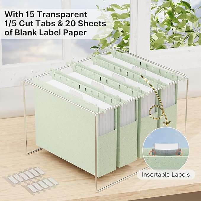 XINGIA Wheat Straw Plastic Hanging File Folders Letter Size,Heavy Duty 2 Inch Expansion,12 Pack Extra Capacity Hang Folders for Filing Cabinet,File Organizer with Insertable Tabs(Morandi Green)