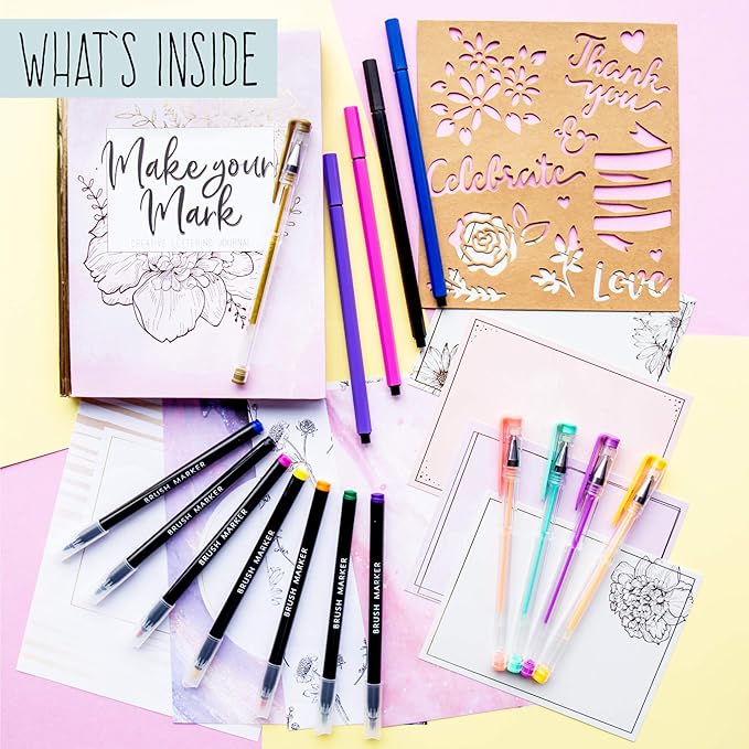 STMT DIY Make Your Mark Hand Lettering Set, Step-by-Step Beginner Modern Calligraphy Hardcover Workbook, Includes Practice Sheets, Stencils, Flexible Fine Tip & Brush Markers, DIY Calligraphy Kit