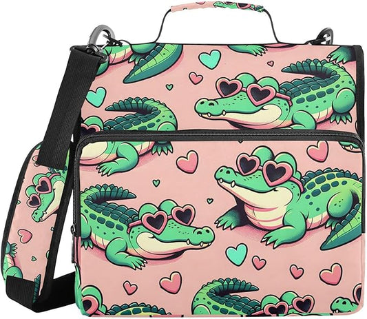 3 Ring Zipper Binder with Shoulder Strap Alligator Crocodiles Pink 1.5 inch Binders Keeper Large Capacity Multi Pockets for School Office Supplies