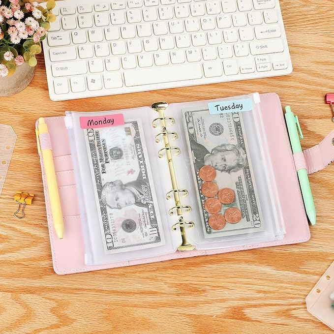 KTRIO 16PCS A6 Binder Pockets 6 Holes Cash Envelopes for Budgeting, Clear Zipper Pouch Folders A6 Planner Inserts, Waterproof PVC Loose Leaf Filing Bags Plastic Money Coupon Sticky Notes Organizer