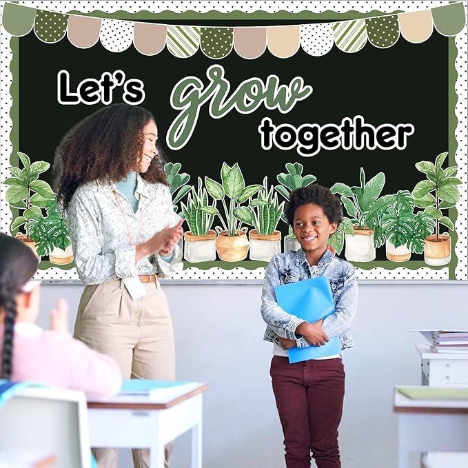 Spring Greenery Classroom Bulletin Board Decorations Potted Plant Bulletin Board Set Motivational Let’s Grow Green Leaves Cutouts for Wall Decor Elementary Back to School Teacher Supplies
