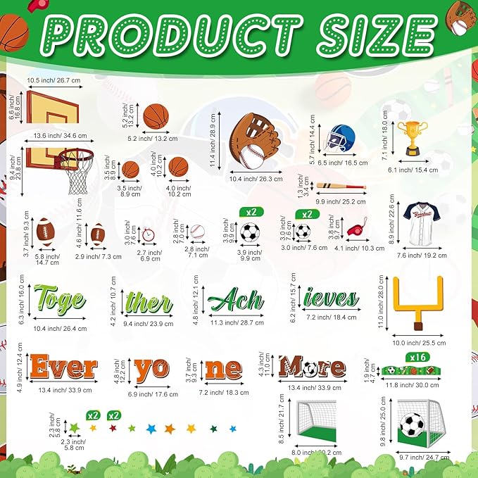 Pasimy Sports Bulletin Board Decorations Back to School Classroom Decor Basketball Soccer Football Baseball Cutouts Sports Bulletin Borders Motivational Decor for Summer Home Office Wall Door Supplies