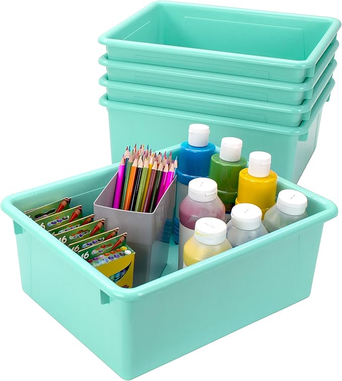 Storex Letter Size Deep Storage Tray – Organizer Bin for Classroom, Office and Home, Teal, 5-Pack (62529U05C)