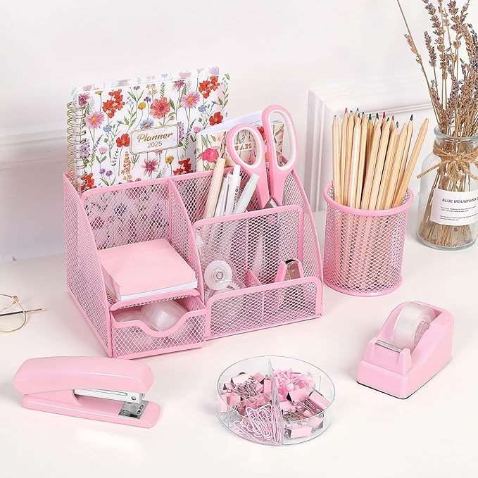 SKYDUE Pink Desk Accessories, Pink Office Supplies Set, Mesh Desk Organizer, Stapler, Tape Dispenser, Scissors, Binder/Paper Clips and 1000pcs Staples,Desk Organizer for Women