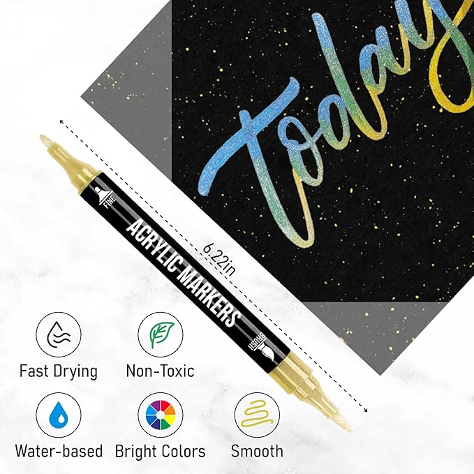 24 Metallic Colors Acrylic Paint Markers, Dual Tip with Fine Tip and Brush Tip Pens for Stone, Wood, Calligraphy, Canvas, Ceramic, Metal, Glass, Rock Painting, DIY Crafts