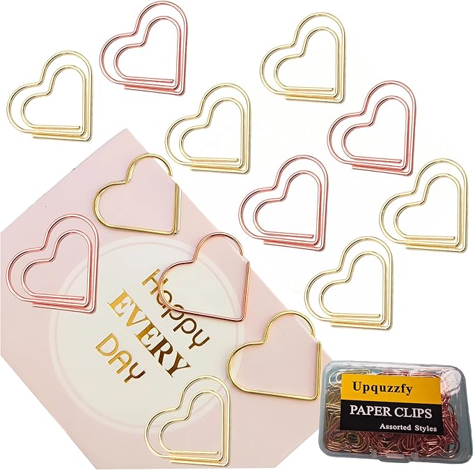 Metal Heart Paper Clips Set-50 Pcs Gold Paperclips- Cute Decorative Office & School Supplies, Ideal for Wedding & Parties Decor (Heart)