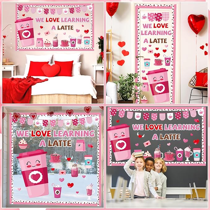 Valentine's Day Coffee Bulletin Board Set Valentines Coffee Cup Classroom Decorations Pink Red Heart Paper Cutouts Valentine's Day Bulletin Board for School Classroom Office Wall Door Decor Supplies