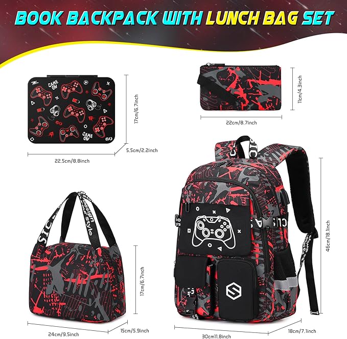 Boys Backpack, Cool Luminous Gamer School Backpacks for Boys with Kids Bento Lunch Box Lunch Bag Pencil Case, Kids Backpack Book Bags for Kindergarten Elementary Middle School