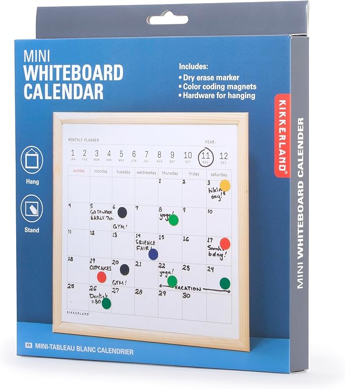 Kikkerland Mini White Dry Erase Board Calendar Black Dry Erase Marker, Small Mini White Board for Kids, Students, 8" x 8"