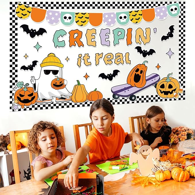 Halloween Bulletin Board Decorations Cute Ghost Pumpkin Bat Bulletin Board Set Spooky Funny Creepin' It Real Paper Cutouts for Halloween Holiday School Classroom Home Wall Decor Supplies
