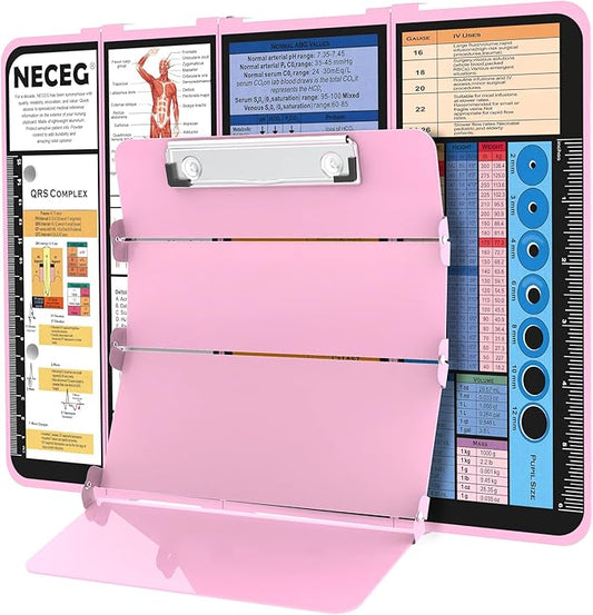 Nursing Clipboard Foldable-4 Layers Aluminum Nurse Foldable Clipboard Nursing Medical Edition Cheat Sheets, Pocket Size Pen Clip for Nurses Students School and Doctors-Pink