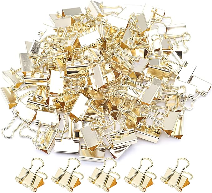 Gold Binder Clips, Mini Paper Clip, Small Paper Clamps 15mm (5/8 inch), 100 Pack Micro Size Office Clips for Home School and Business (Gold)